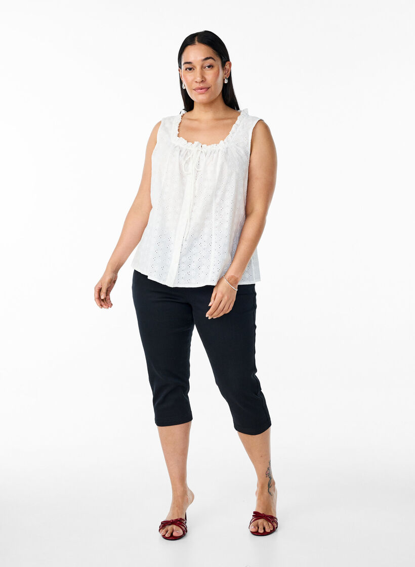 Mouwloze blouse met broderie anglaise en ruches, Vanille, Model image number 1