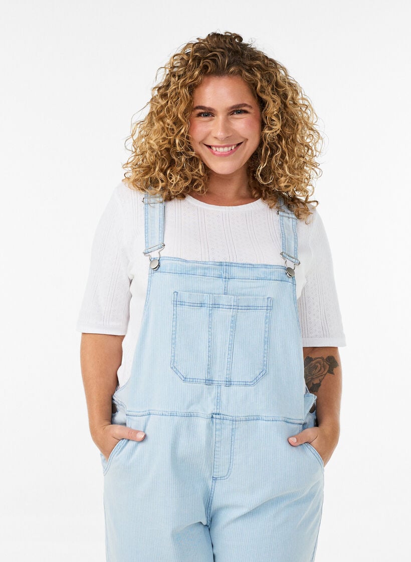 Gestreepte denim overall, Blauw, Model image number 2