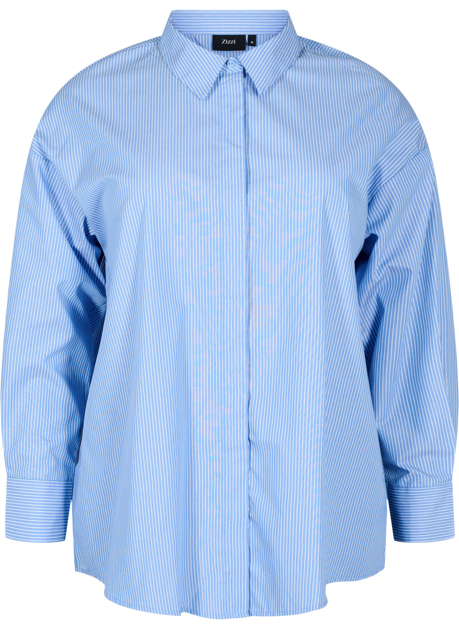 Zizzi Losse shirt met lange mouwen en strepen, Blauw, Packshot image number 0