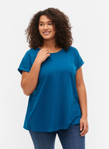 T-shirt met korte mouwen van katoenmix, Petrol Blue, Model image number 0