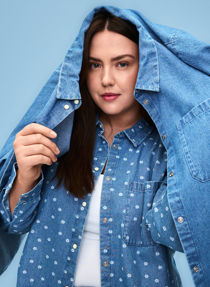 Gebloemd denim overhemd met borstzak, Light Blue w.Flowers, Image image number 0