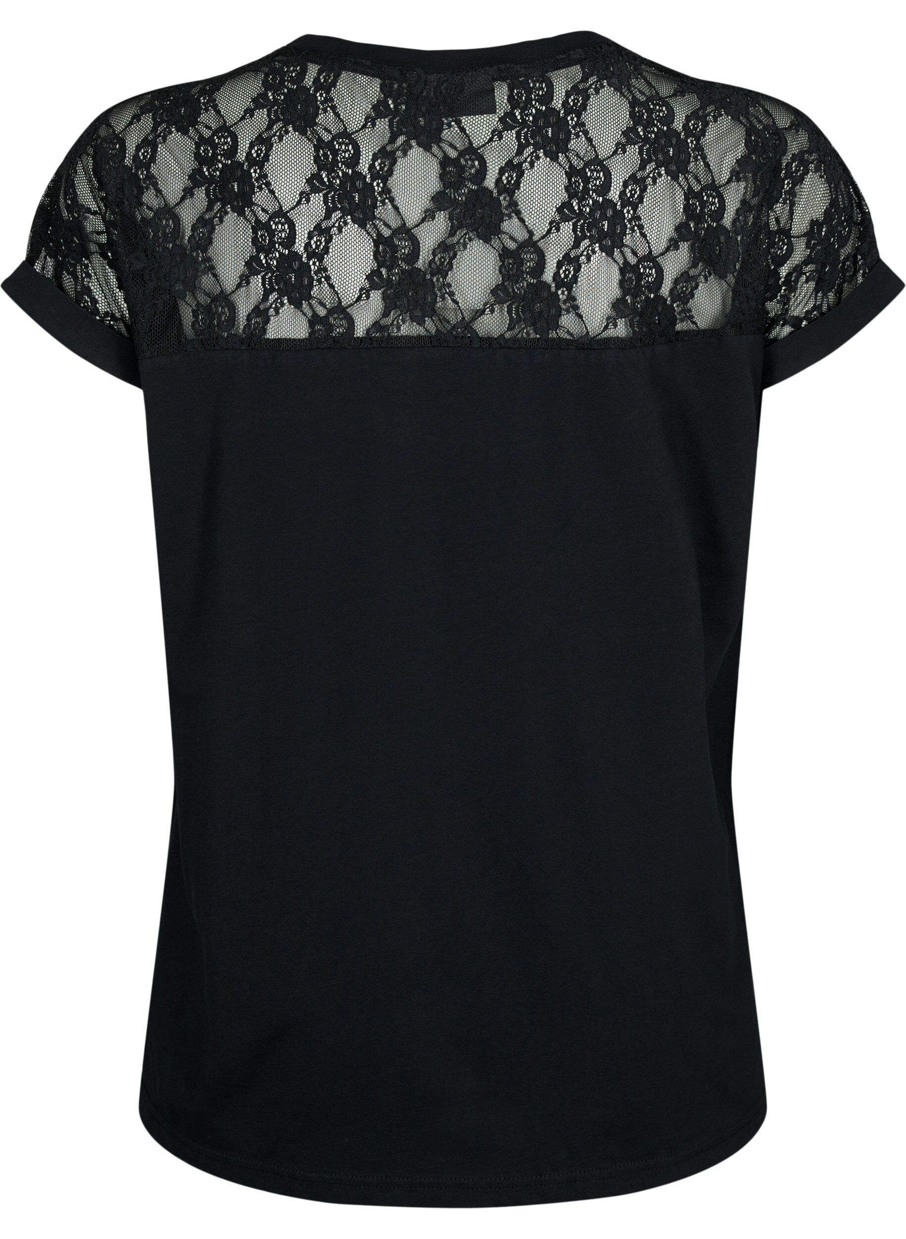 Zizzi Katoenen t-shirt met korte mouwen en kant, Black, Packshot image number 1