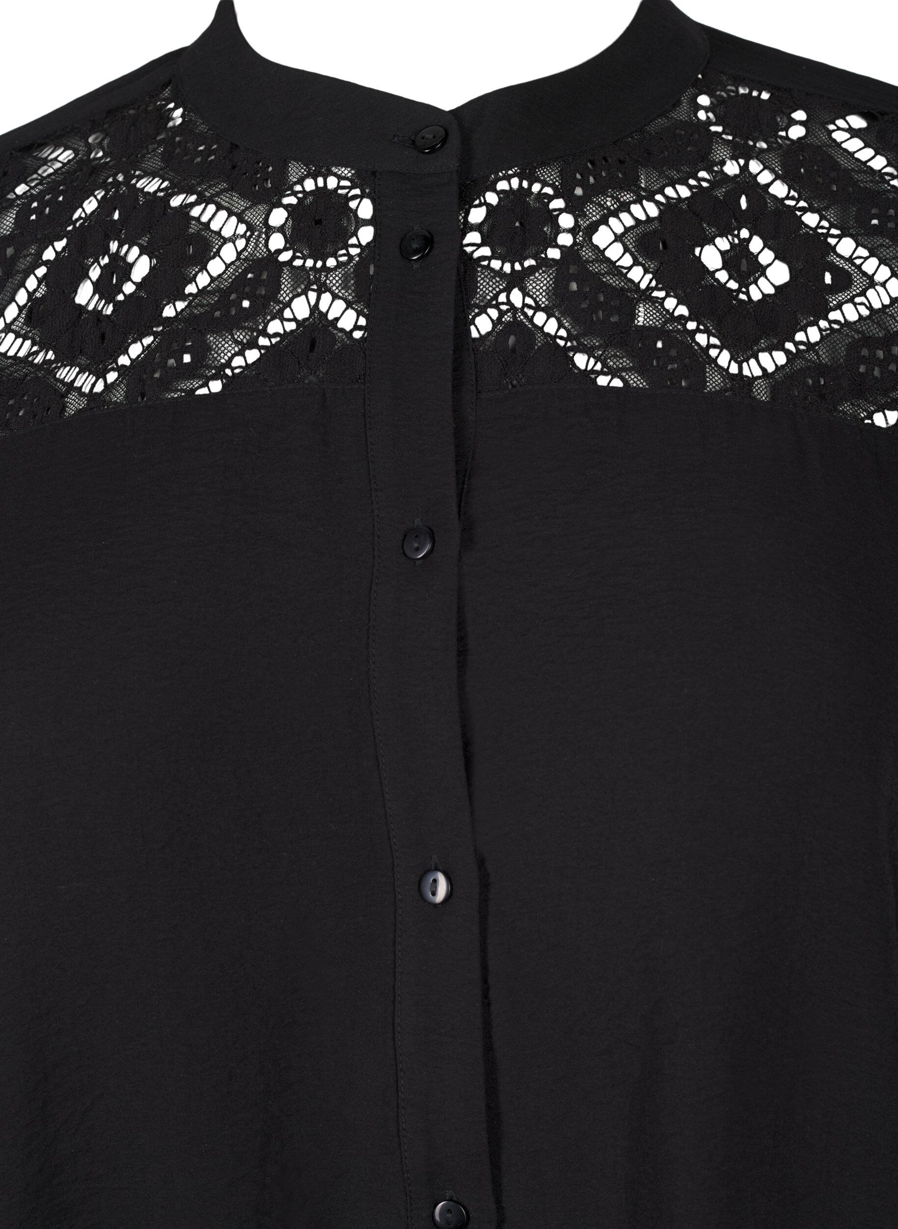 Zizzi Lang viscose shirt met kanten detail, Black, Packshot image number 2