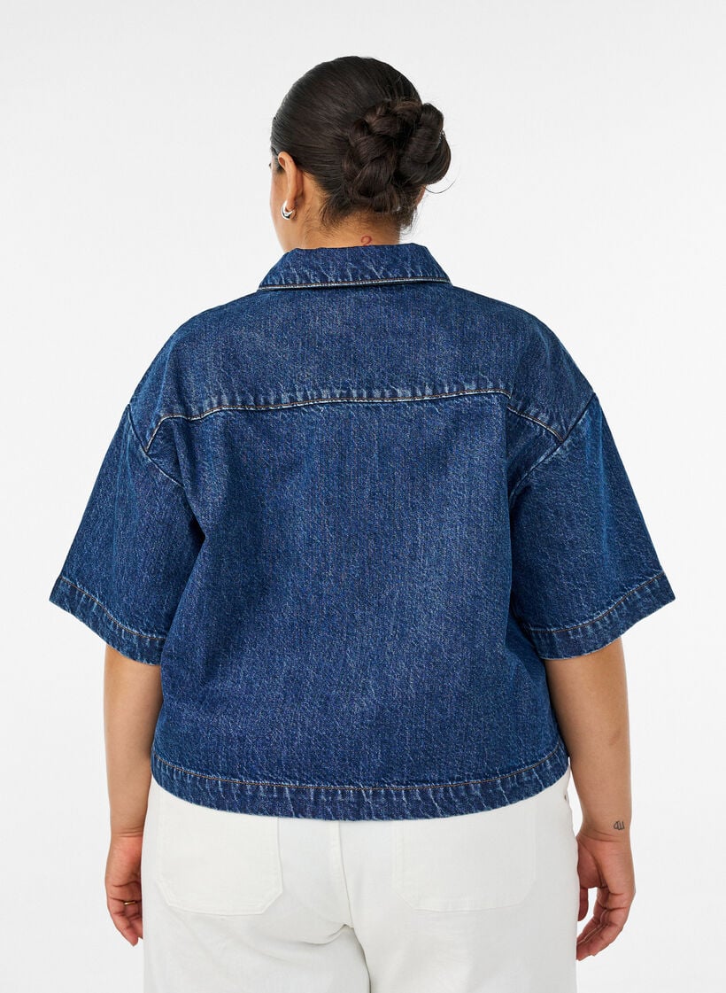 Denimjas met korte mouwen en knoopsluiting, Blauw, Model image number 2