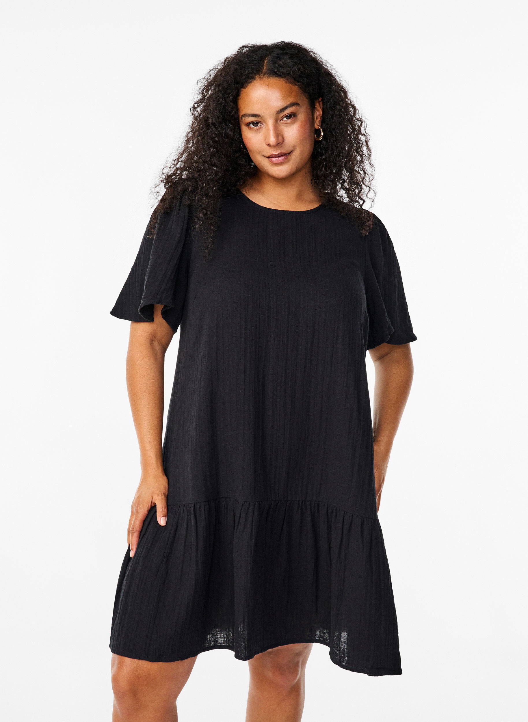 ZizziKatoenen jurk met korte mouwen en a-lijn snit, Zwart, Model image number 0