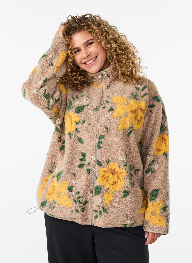 Floral fleecejack met een hoogsluitende kraag en ritssluiting, Beige, Model image number 0