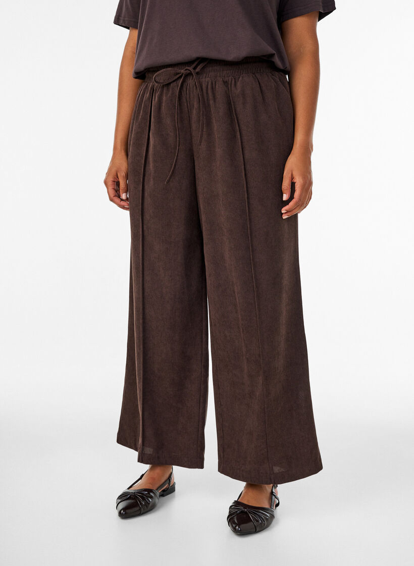 Corduroy broek met wijde pijpen en een hoge taille, Bruin, Model image number 2