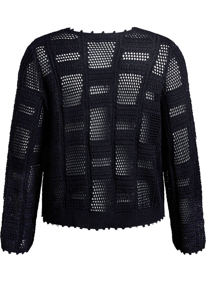 Gebreide cardigan met strikjes en een opengewerkt patroon, Zwart, Packshot image number 1
