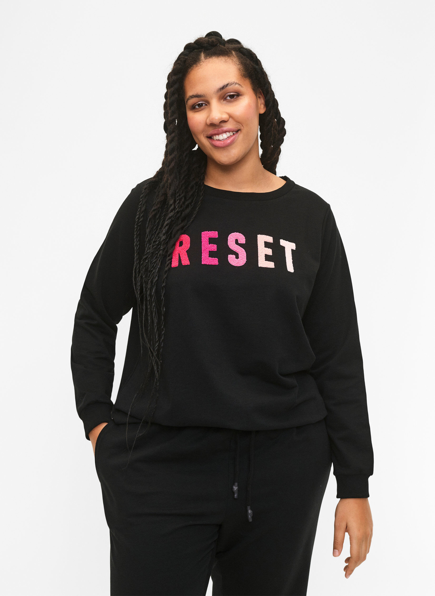 Zizzi Sweatshirt met tekst, Black W. Reset, Model image number 0
