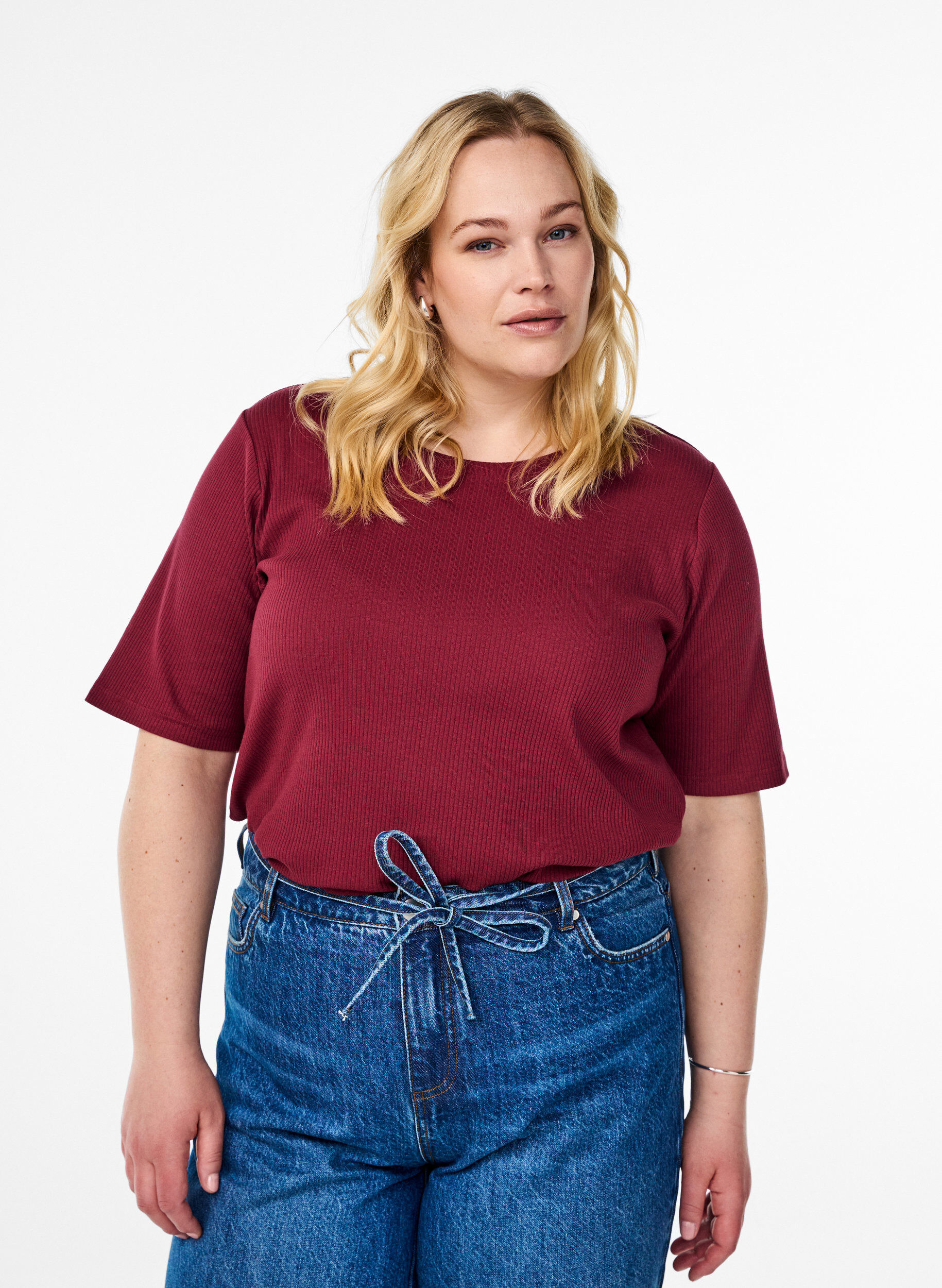 ZizziGeribde jersey blouse met korte mouwen, Donker Bordeaux, Model image number 0
