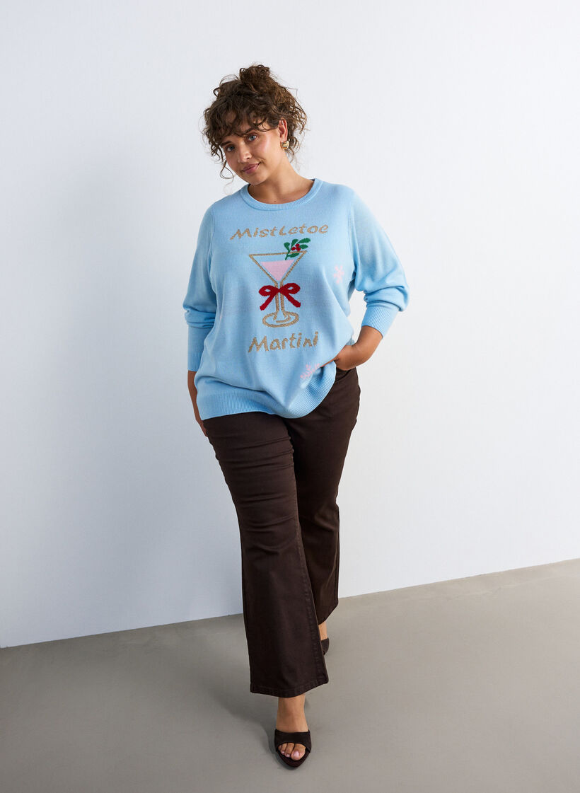 Gebreide blouse met een kerstmotief, Blauw, Model image number 1