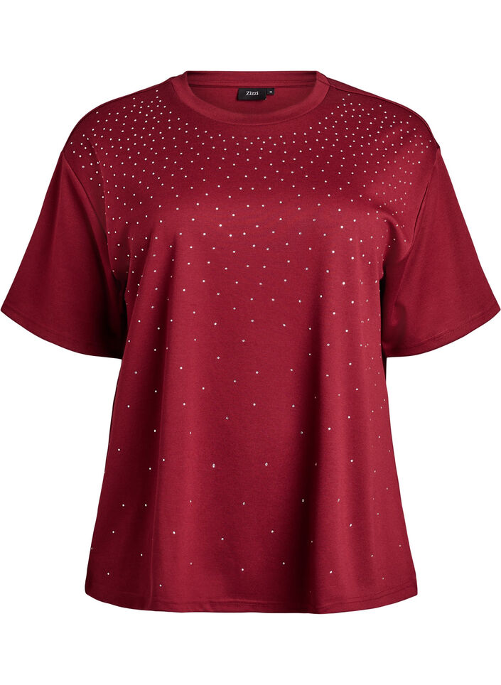 T-shirt met strass-steentjes en ronde hals, Donker Bordeaux, Packshot image number 0