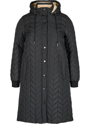 Gewatteerde jas met knopen en capuchon, Black, Packshot image number 0