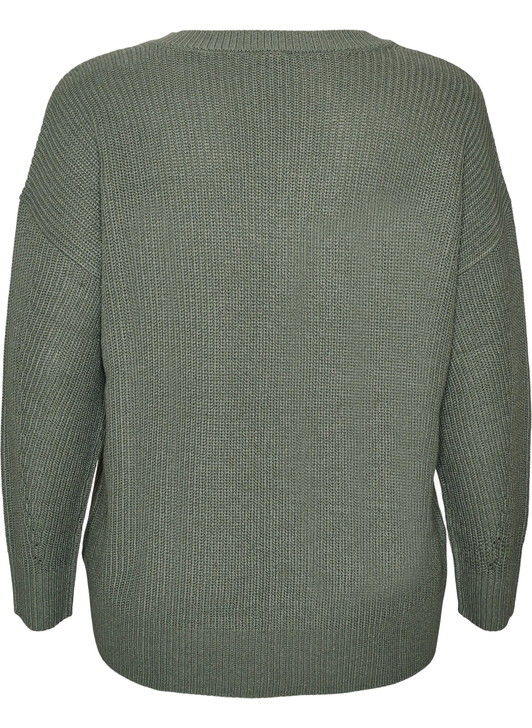 ZizziLange ribgebreide blouse met V-hals, Groen, Packshot image number 1