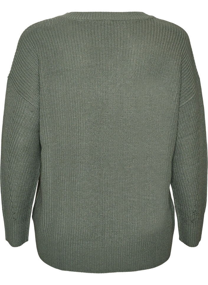 Lange ribgebreide blouse met V-hals, Groen, Packshot image number 1