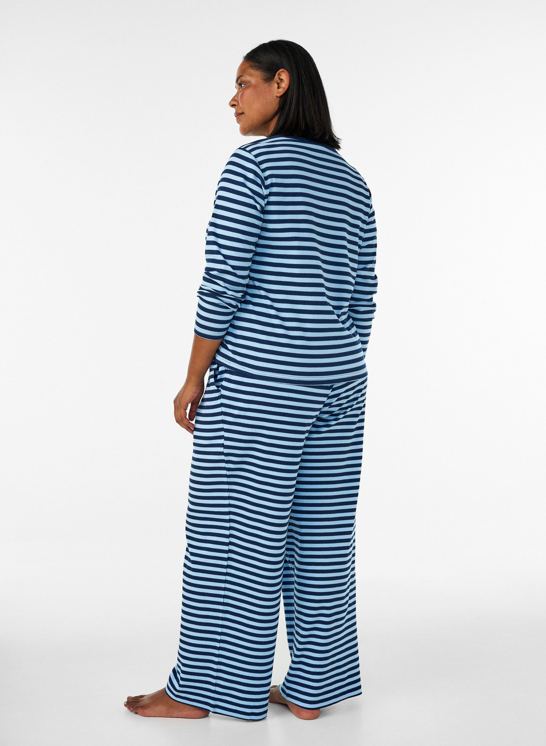 ZizziGestreepte pyjamabroek met een high waist en wijde pijpen, Blauw, Model image number 1