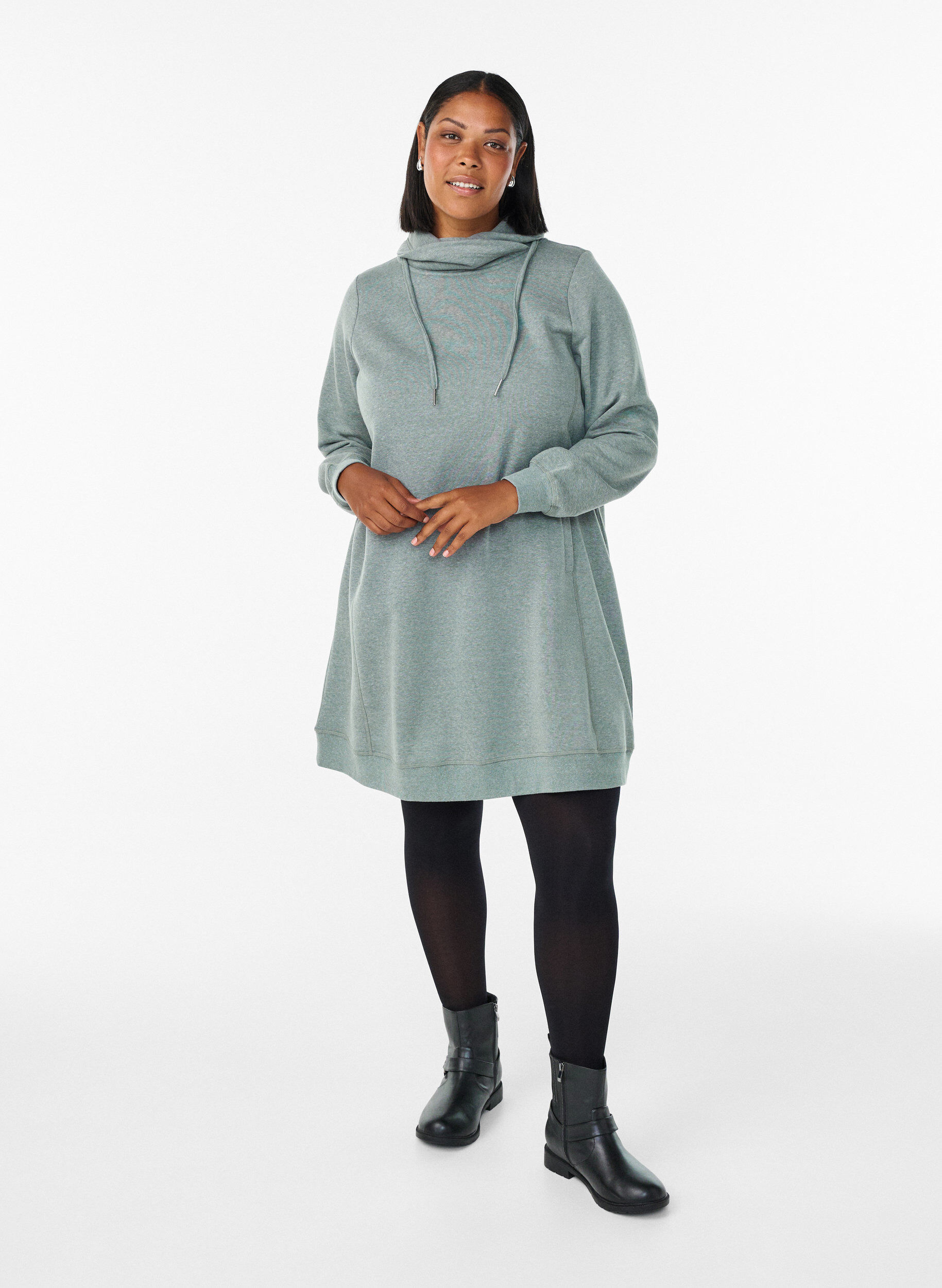 ZizziKort sweatshirt jurk met hoge kraag en zakken, Groen, Model image number 1