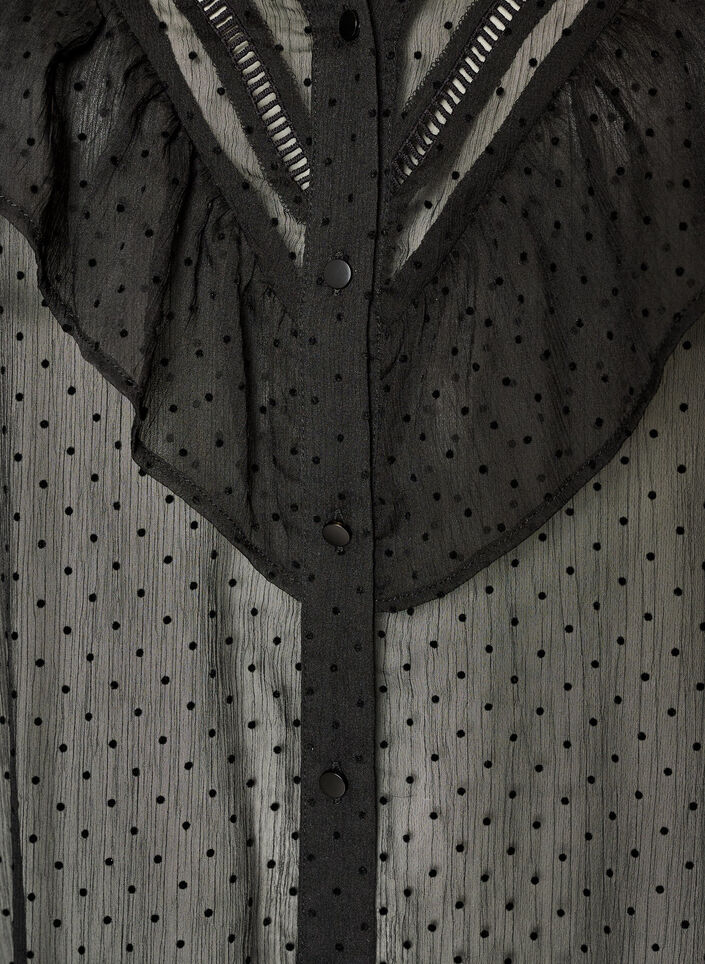 Midi-jurk in een lichte, transparante stof met stippen en ruches, Zwart, Packshot image number 2