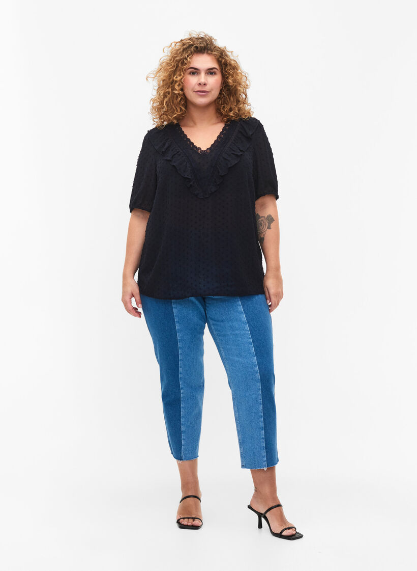 Blouse met korte mouwen en gestippelde structuur, Night Sky, Model image number 2