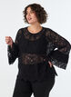 Kanten blouse met lange trompetmouwen en ruches, Zwart, Model image number 0