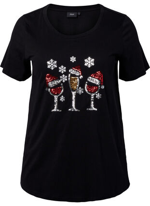 Kerst T-shirt met pailletten, Black w. Wine, Packshot image number 0
