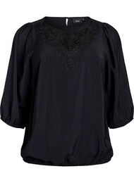 Blouse met 3/4 mouwen en kantdetails, Zwart