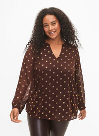 Bedrukte blouse met V-halslijn, Fudge/Gold Dots, Model