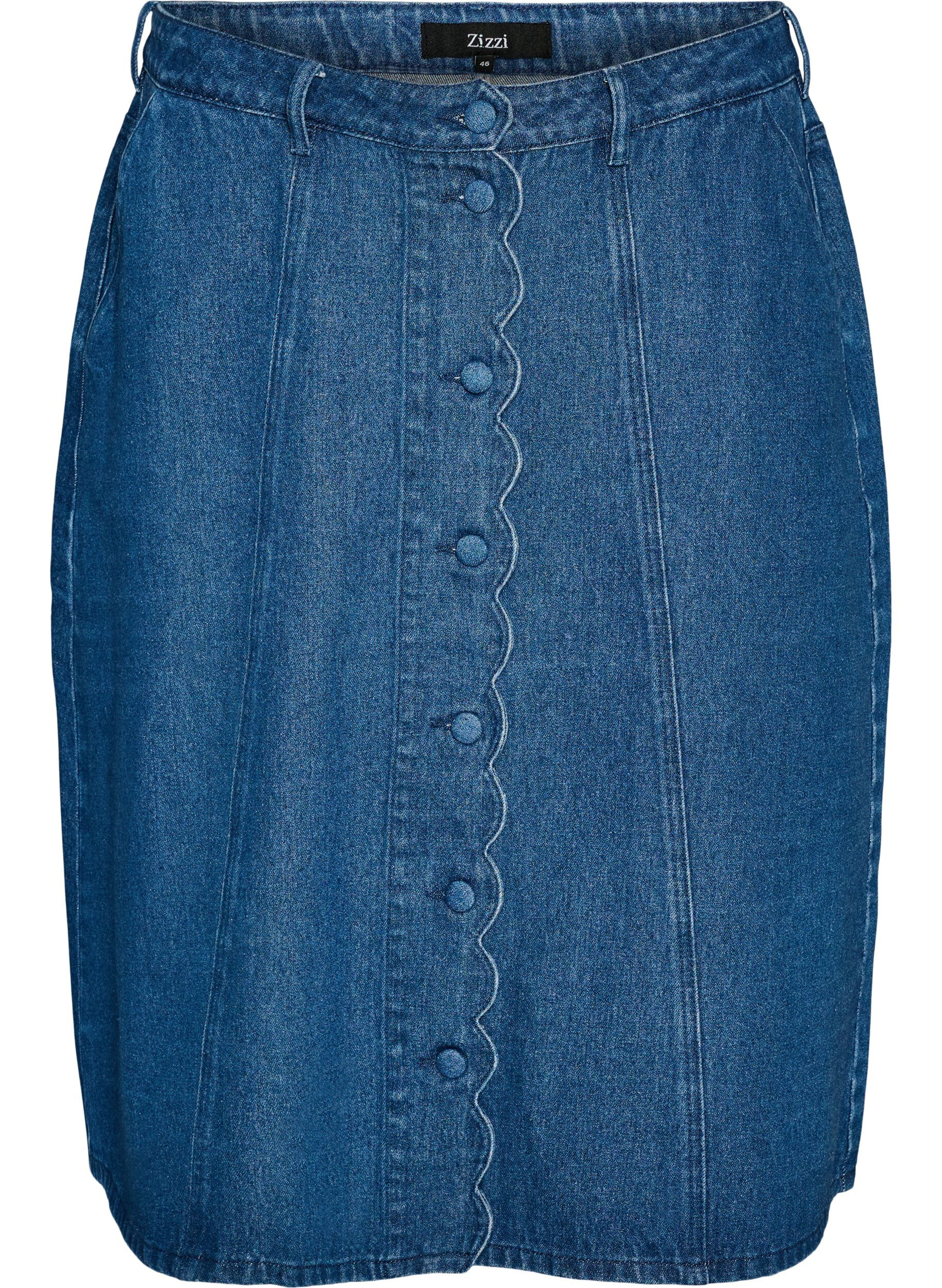 ZizziA-lijn denimrok met golvende knoopsluiting, Blauw, Packshot image number 0