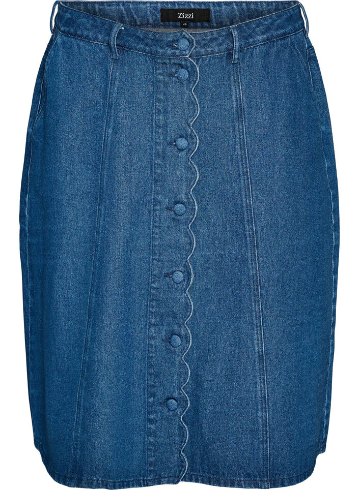 A-lijn denimrok met golvende knoopsluiting, Blauw, Packshot image number 0