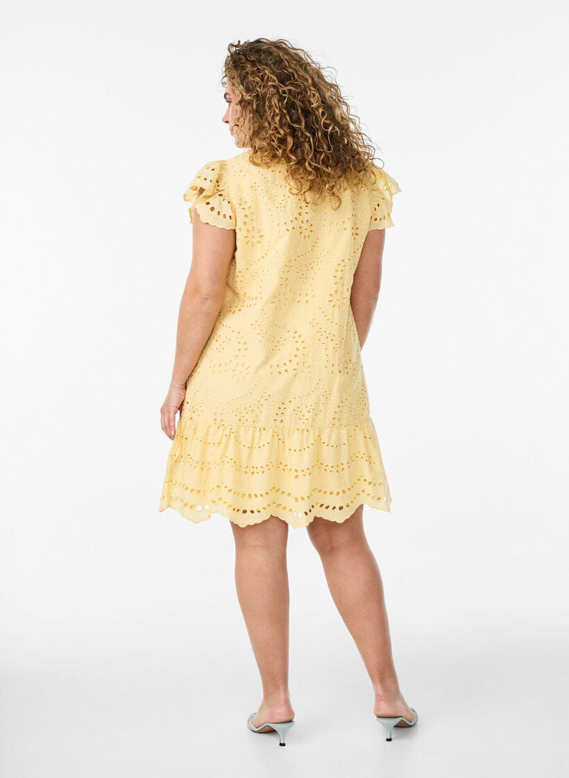Broderie anglaise jurk met ruches mouwen, Geel, Model image number 2