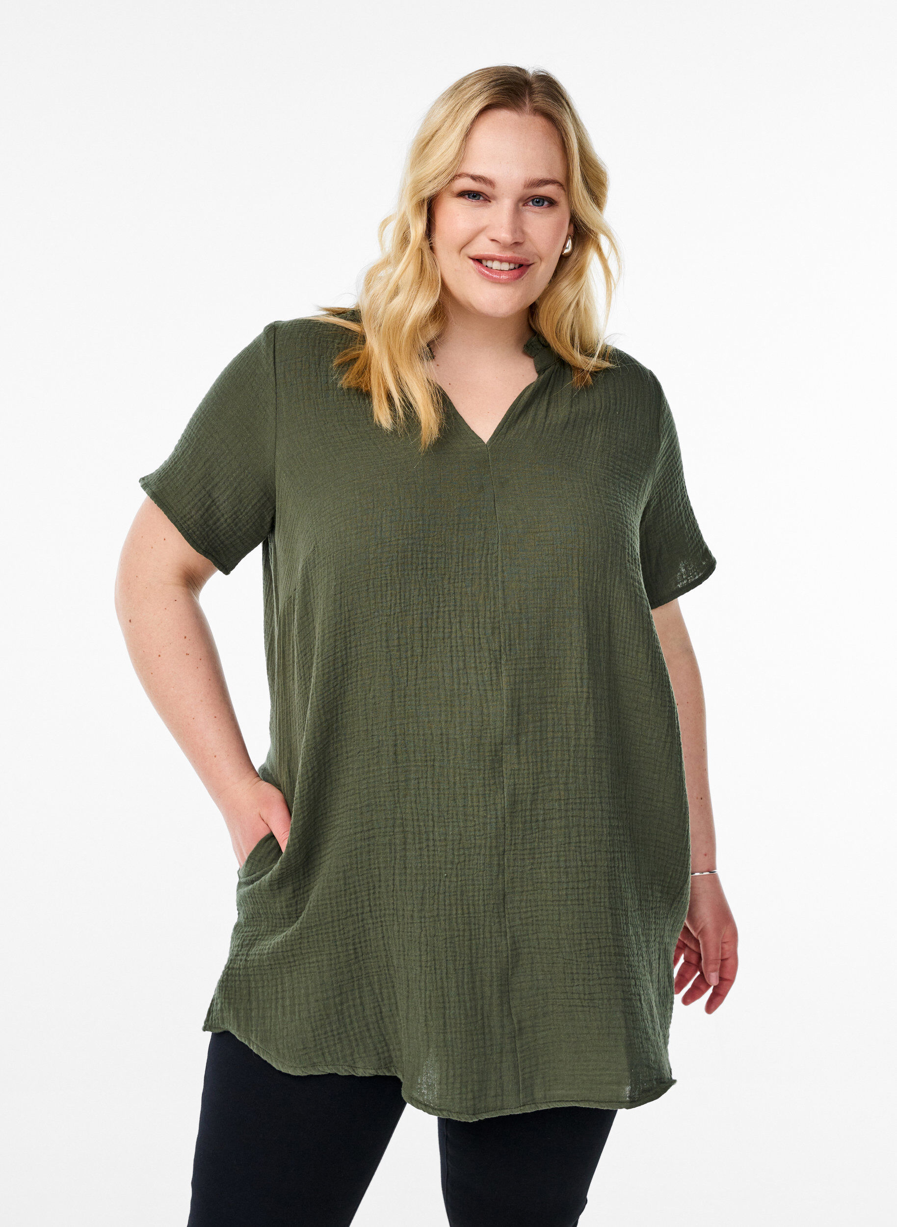 Zizzi Katoenen muslin tuniek met korte mouwen, Groen, Model image number 0