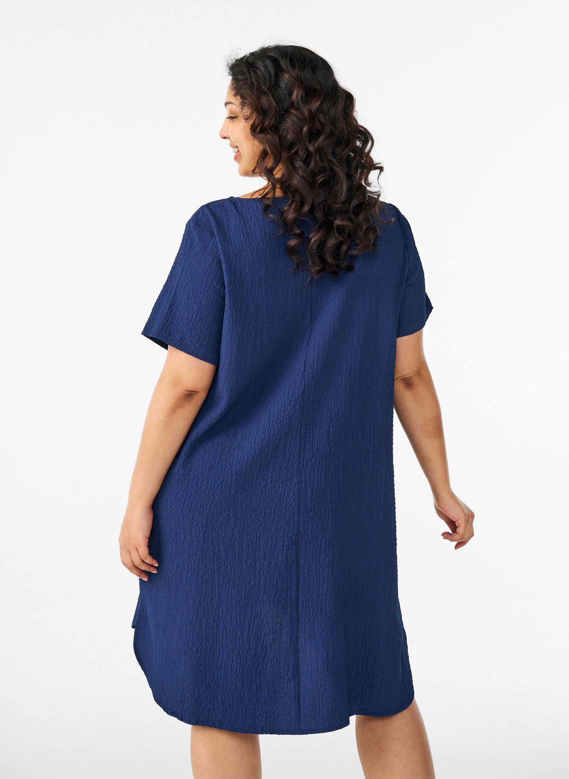 ZizziKorte jurk met een gekreukte textuur en korte mouwen, Blauw, Model image number 2
