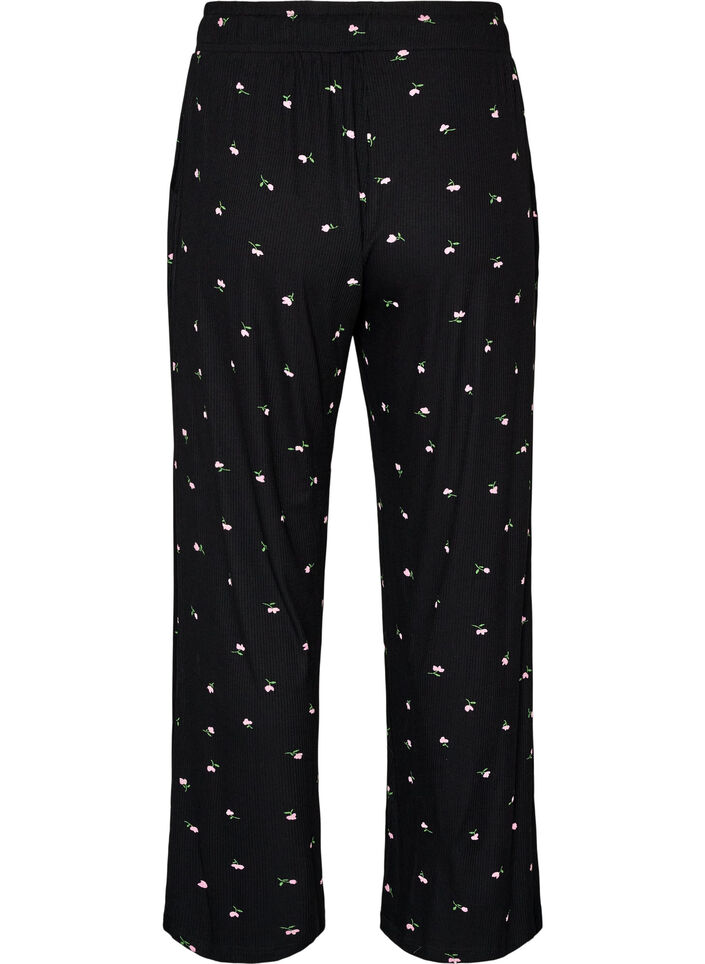 Pyjamabroek met geribde textuur en bloemenprint, Zwart, Packshot image number 1