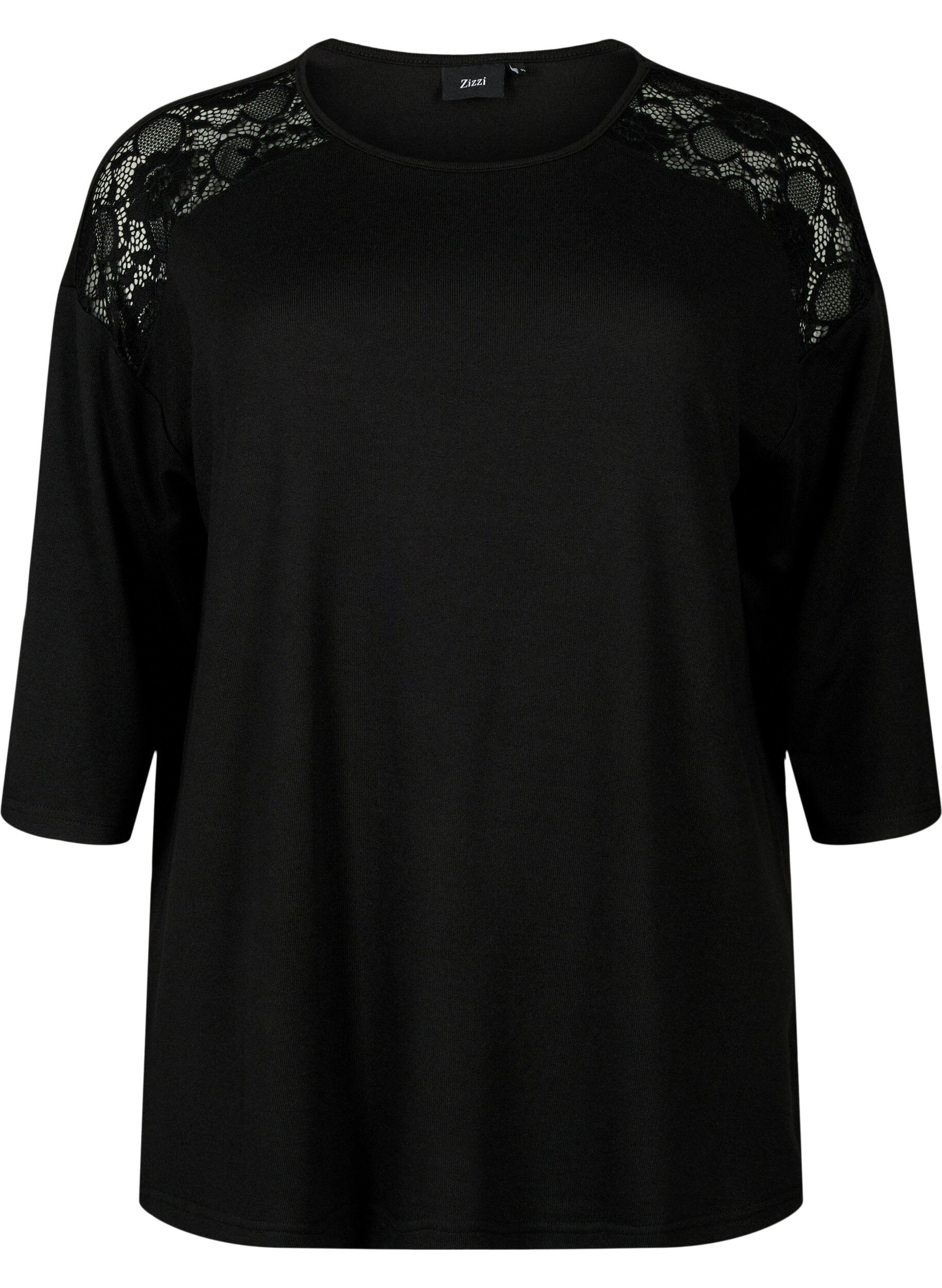 Zizzi Blouse met 3/4 mouwen en kanten detail, Black, Packshot image number 0