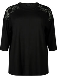 Blouse met 3/4 mouwen en kanten detail, Black
