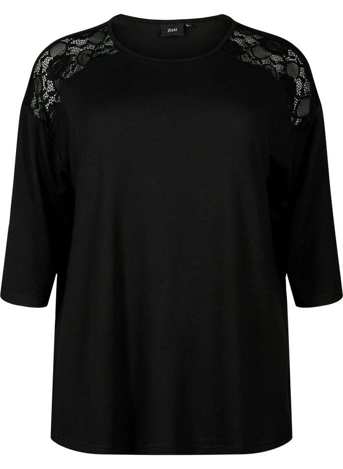 Blouse met 3/4 mouwen en kanten detail, Black, Packshot image number 0