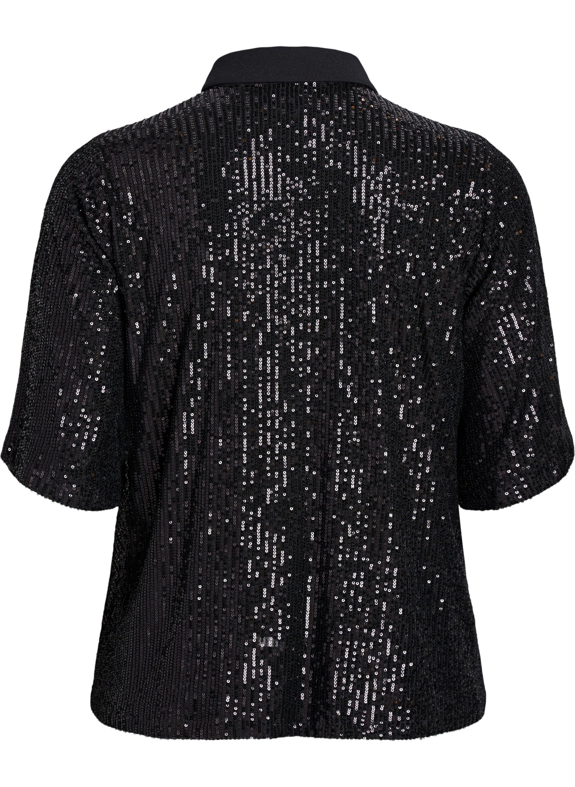 Zizzi Sequinblouse met polokraag en korte mouwen, Zwart, Packshot image number 1