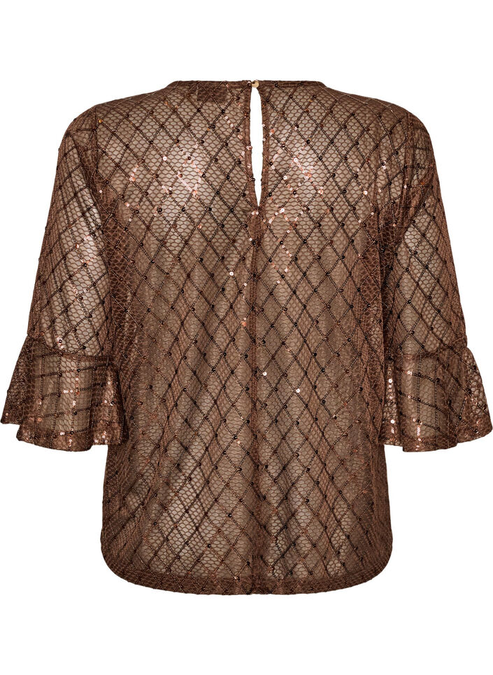 Doorschijnende blouse met pailletten en een ruitpatroon, Bruin, Packshot image number 1