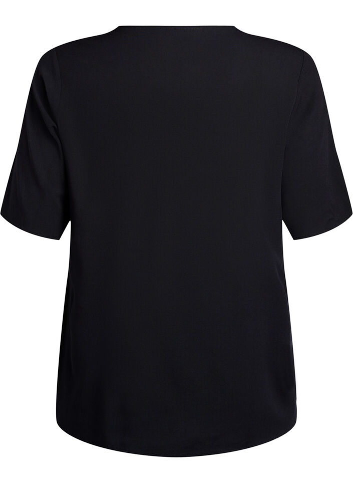 Geweven blouse met korte mouwen en ronde hals, Zwart, Packshot image number 1