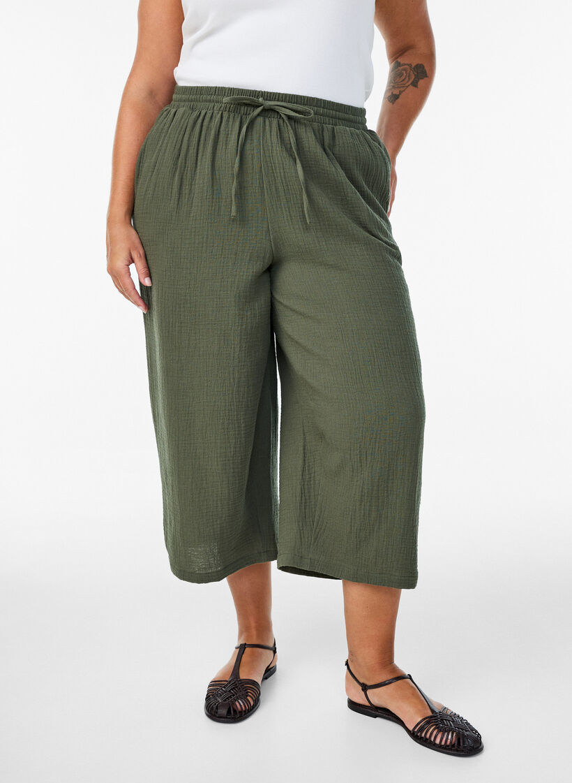Culotte broek van katoen met hoge taille, Groen, Model image number 2