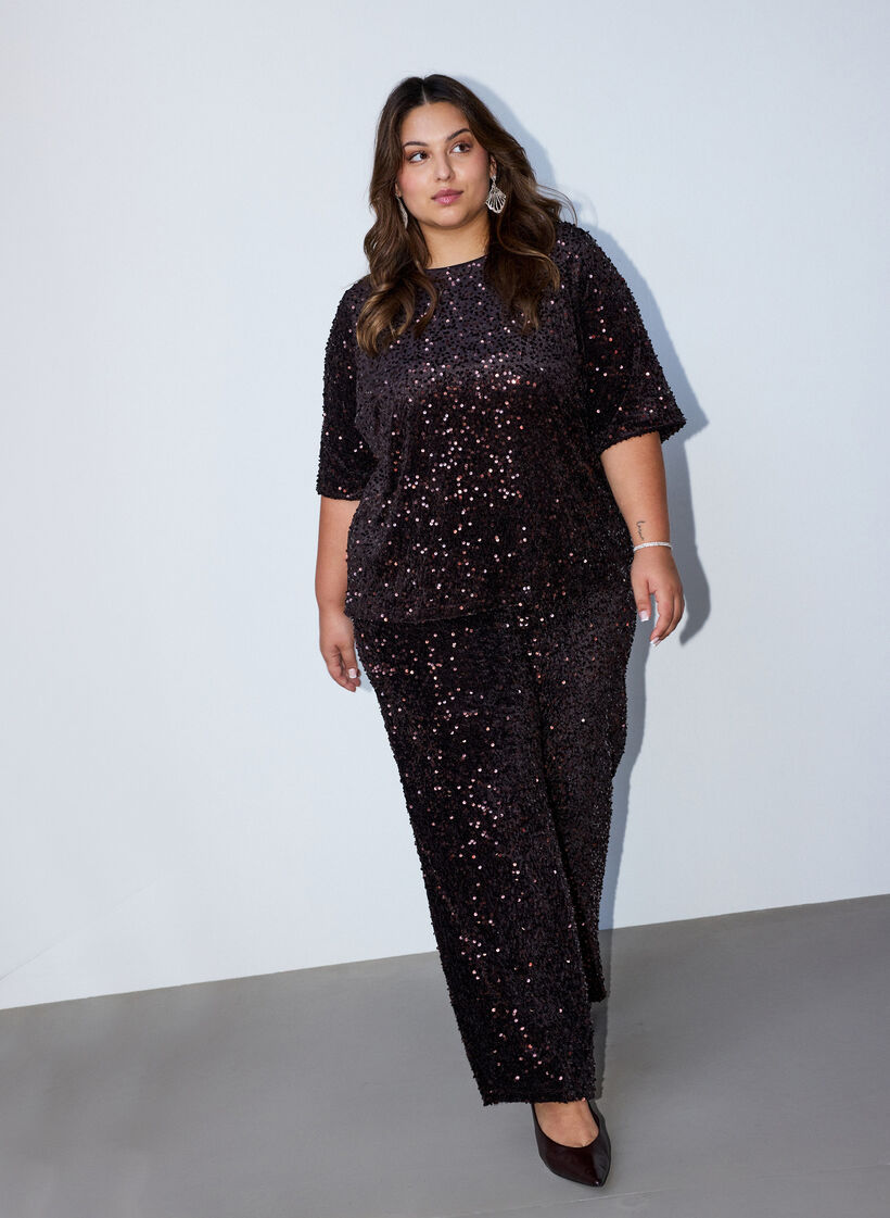 Wijde broek met pailletten, Bruin, Model image number 0