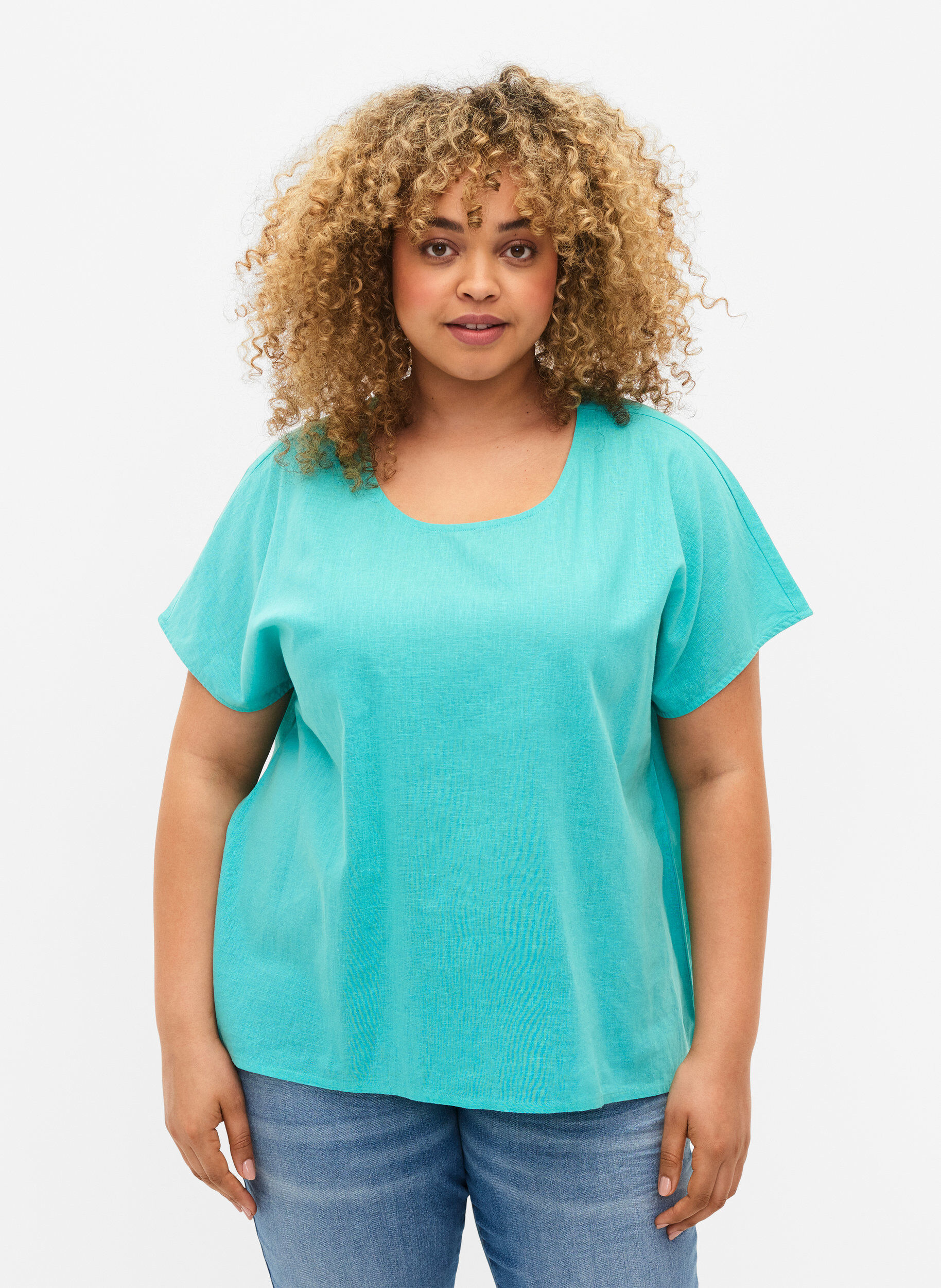 Zizzi Katoenen blouse met korte mouwen van katoenmix met linnen, Turquoise, Model image number 0