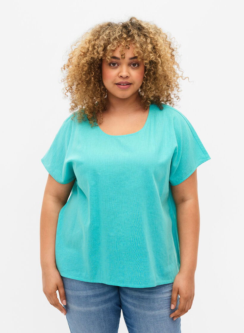 Katoenen blouse met korte mouwen van katoenmix met linnen, Turquoise, Model image number 0