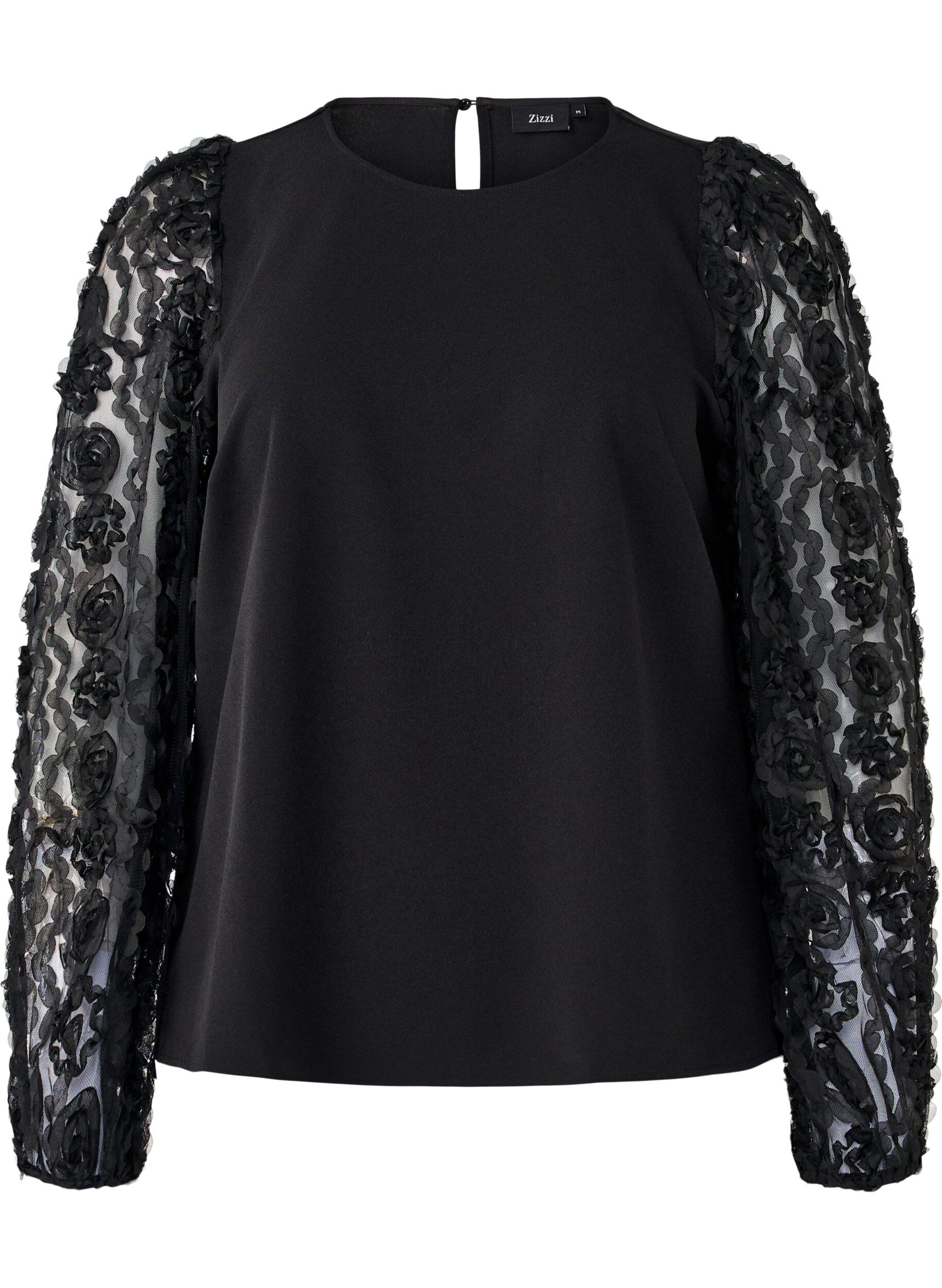 Zizzi Blouse met 3D-bloemen, Black, Packshot image number 0