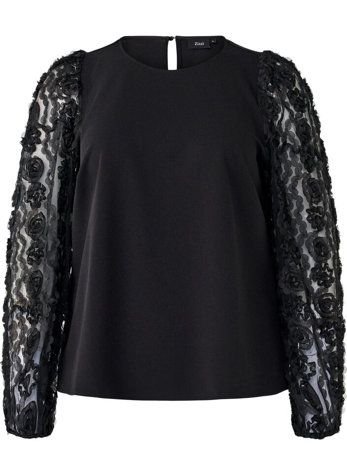 Blouse met 3D-bloemen, Black, Packshot image number 0
