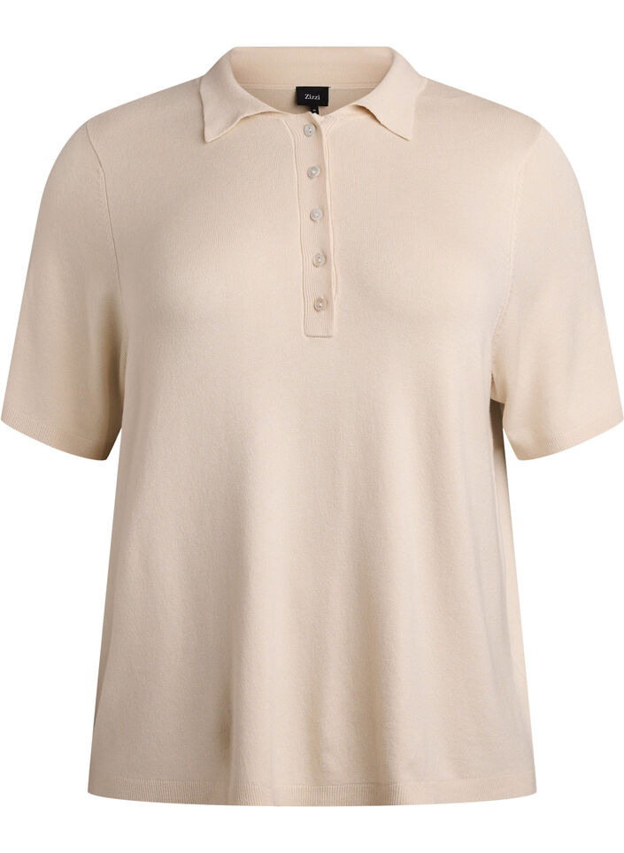 Fijngebreid poloshirt met korte mouwen, Beige, Packshot image number 0
