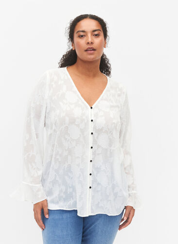 Lange mouw shirt met jacquard look, Bright White, Model image number 0