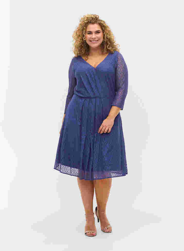 V-hals kanten jurk met 3/4 mouwen, Deep Cobalt, Model image number 2