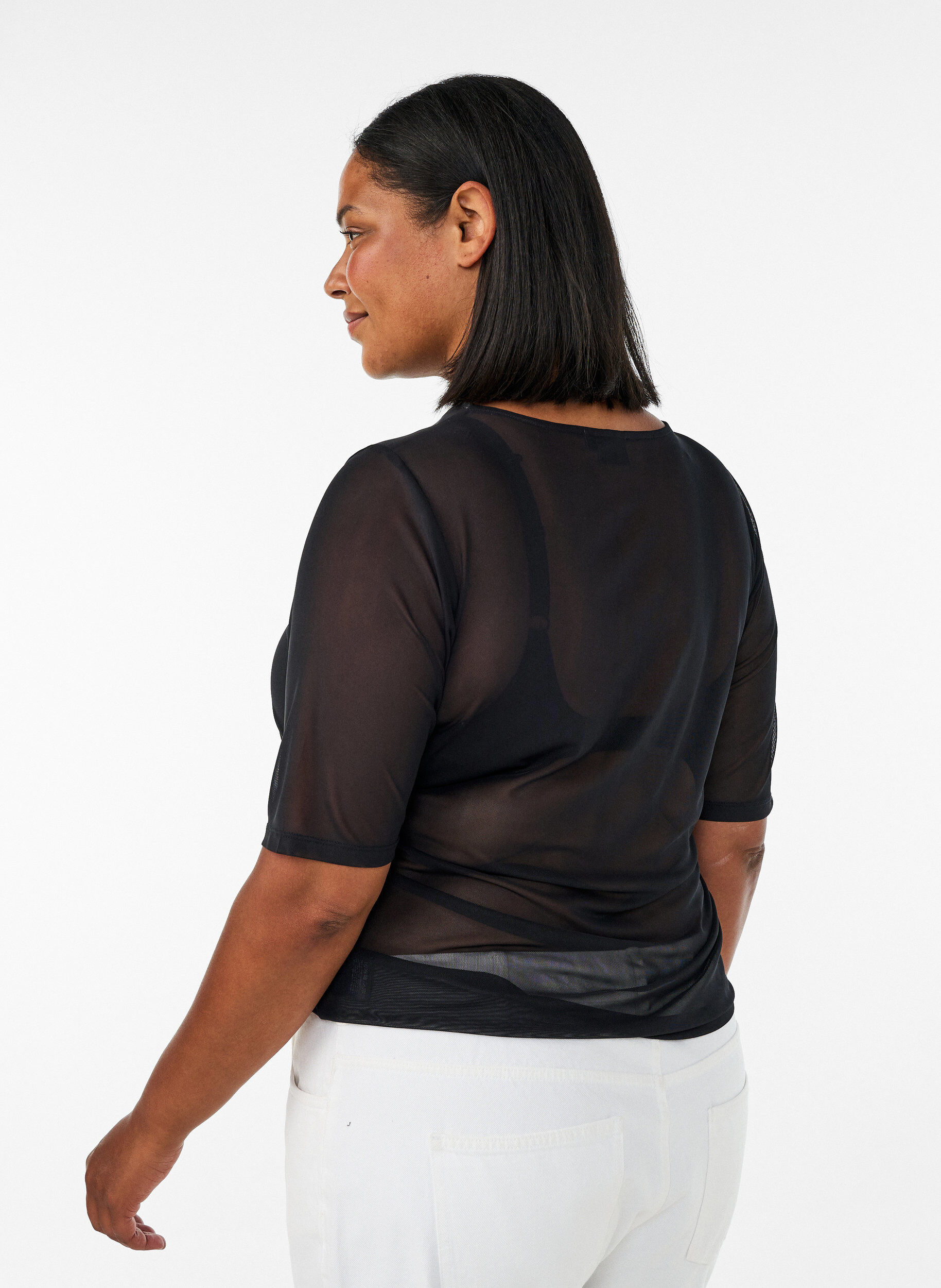 ZizziMesh top met korte mouwen en ronde hals, Zwart, Model image number 1
