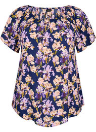 Gestreepte blouse van viscose met korte mouwen, Small Flower AOP
